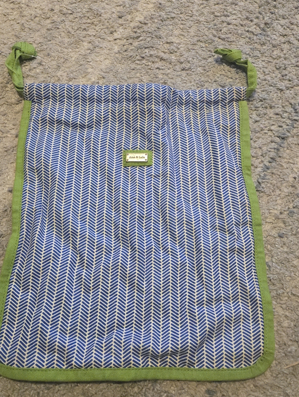 Ame & Lulu Canvas Drawstring Shoe Bag Blue White Chevron Green Travel Pouch